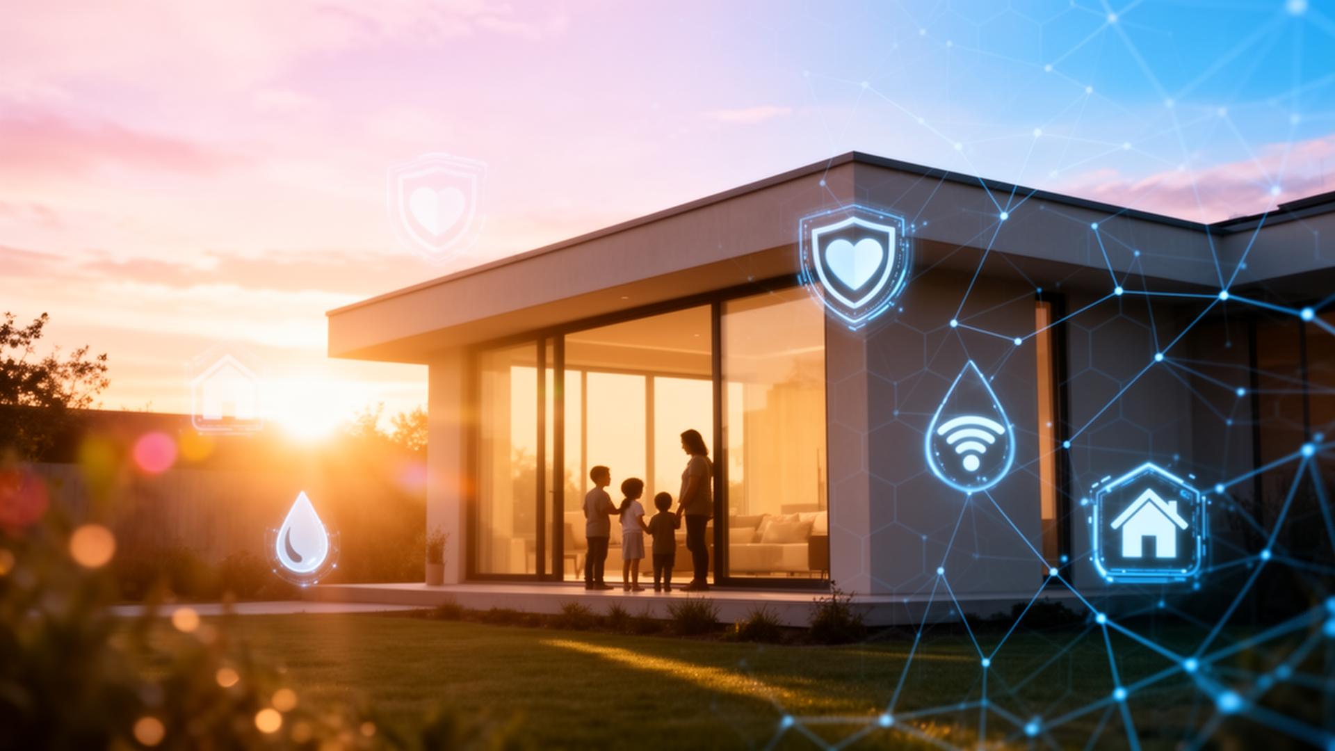 Resilient modern household at sunrise with infrastructure network overlays